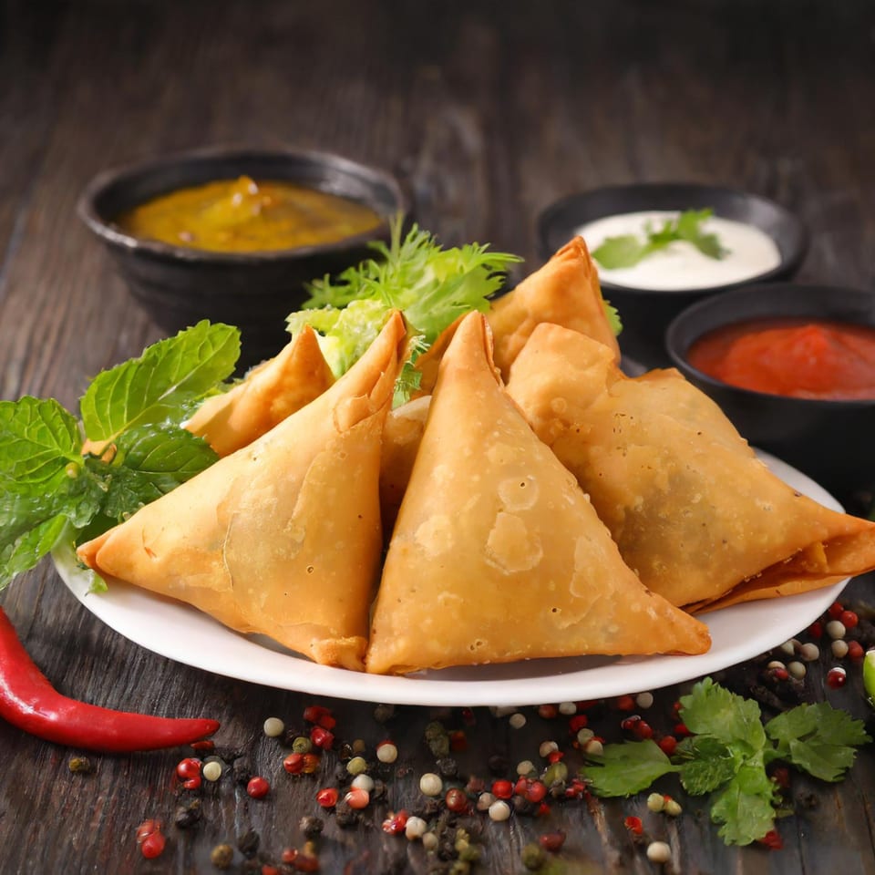 Golden-brown Indian samosas on a white plate with mint, served with three dipping sauces.