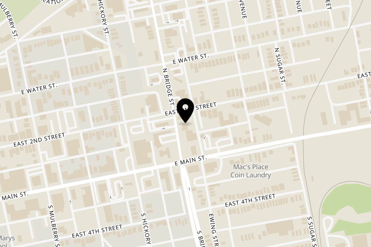 Map showing the location of Buckeye Indian Grill on 37 N Bridge St in Chillicothe